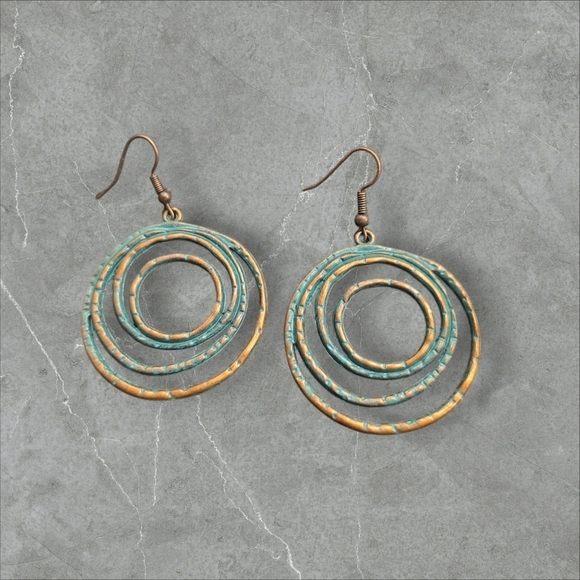 Turquoise Circle Hoops Dangle Bohemian Earrings - Picture 2 of 3